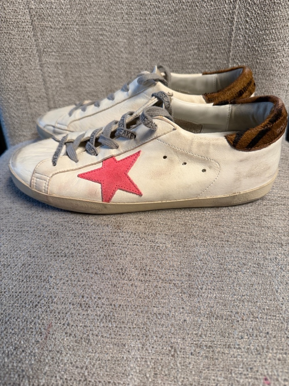 Golden Goose White Leather Sneakers with Pink Star and Brown Heel
